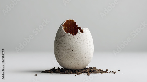 Cracked speckled egg revealing glowing binary code inside symbolizing digital birth and tech innovation