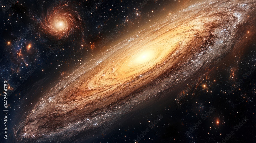 Fototapeta premium Spectacular View of a Spiral Galaxy with Golden Light and Cosmic Dust