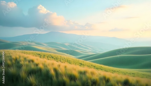 Rolling green hills under a bright, serene sky with soft sunlight, creating a peaceful landscape.