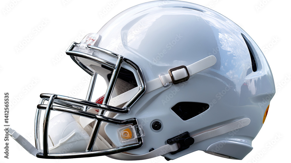 Fototapeta premium Football Helmet: An up-close shot of a modern football helmet, highlighting its protective design and athletic symbolism, with a focus on the intricate details of the sports equipment.