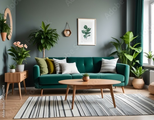 Stylish living room interior of a modern apartment with green sofa, wooden table with vase of flowers, striped carpet and house plants. Home decor.