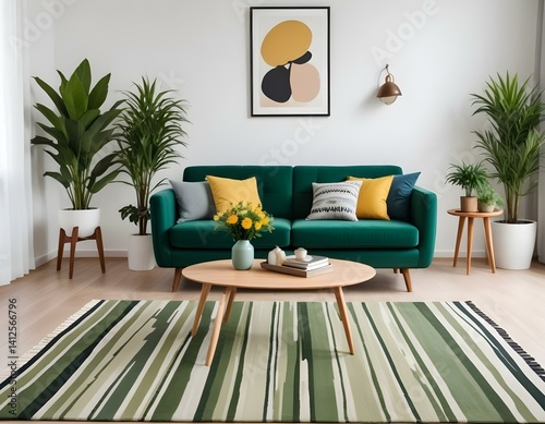 Stylish living room interior of a modern apartment with green sofa, wooden table with vase of flowers, striped carpet and house plants. Home decor.
