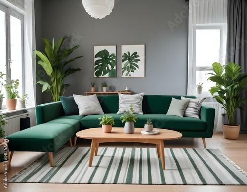 Stylish living room interior of a modern apartment with green sofa, wooden table with vase of flowers, striped carpet and house plants. Home decor.