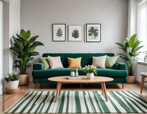 Stylish living room interior of a modern apartment with green sofa, wooden table with vase of flowers, striped carpet and house plants. Home decor.