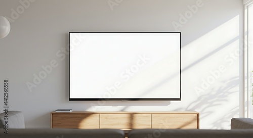 Blank Smart TV Mockup Displayed Above Modern Wooden Media Console in Sunlit Minimalist Living Room, Casting Plant Shadows on White Wall for Home Entertainment Product Promotion