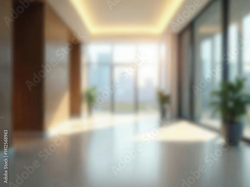 Cool Blurred hotel or office building lobby blur background interior view toward reception hall modern luxury white room space with blurry corridor and building glass wall window : Generative AI