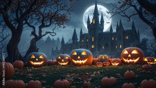 Halloween background with pumpkins and castle, 3d render illustration
