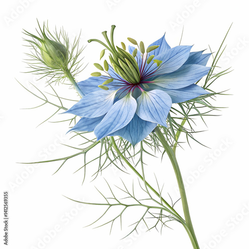 Love-in-a-Mist 3D rendered flower vividly isolated on a white background with unique textures and delicate petals
 photo