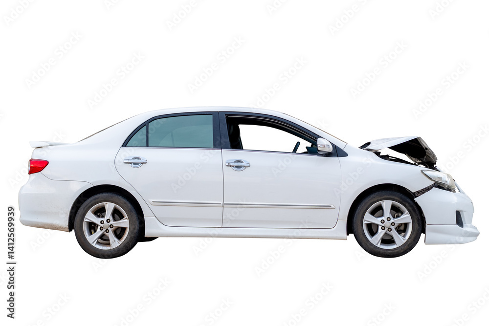 Car crash, Side view of white sedan car get damaged by accident on the road. damaged cars after collision. isolated on transparent background, PNG File Car crash, Side view of white sedan car get damaged by accident on the road. damaged cars after collision. isolated on transparent background, PNG File