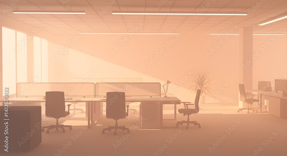 Fototapeta premium A sun-drenched office with modern desks, ergonomic chairs, and warm ambient lighting.