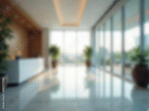 Cool Blurred hotel or office building lobby blur background interior view toward reception hall modern luxury white room space with blurry corridor and building glass wall window : Generative AI