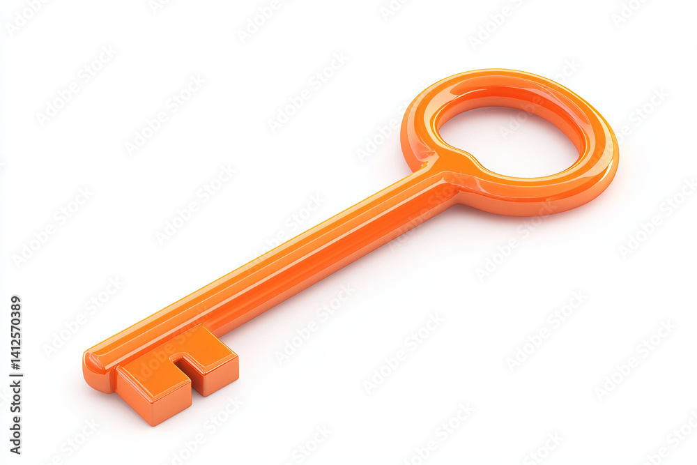 Close up shot of a single orange plastic key lying on a white surface alone