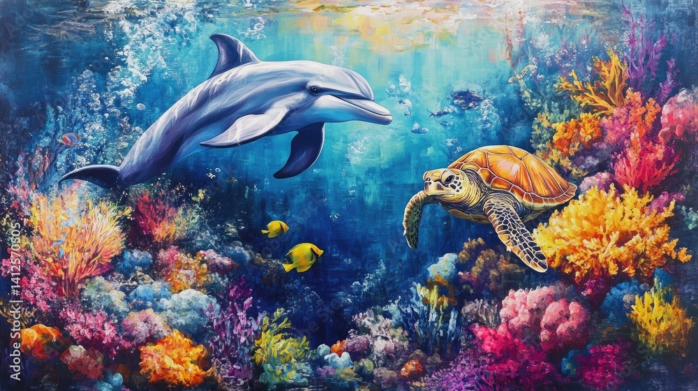 Obraz premium Vibrant underwater scene featuring a dolphin and sea turtle amidst colorful coral reefs