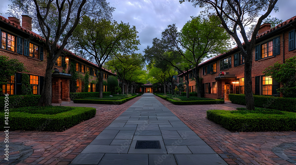 Fototapeta premium Evening Residential Street Scene With Brick Buildings and Trees