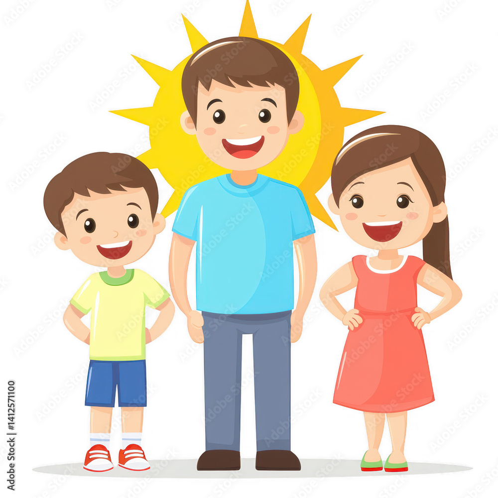 Happy family illustration with cheerful parents and children standing together in front of a bright sun, symbolizing joy, love, and togetherness. Happy family illustration with cheerful parents and children standing together in front of a bright sun, symbolizing joy, love, and togetherness.