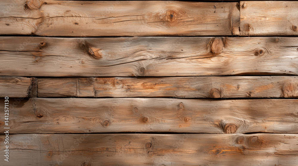 Naklejka premium Natural wood texture with aged horizontal planks, showcasing unique grain patterns and warm tones, perfect for rustic designs