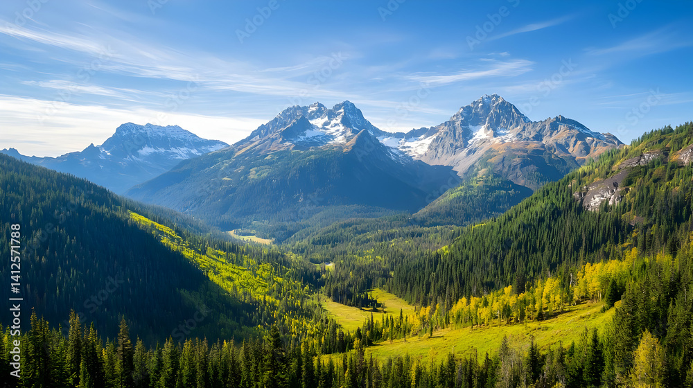 Obraz premium Alpine Valley with Colorful Fall Foliage and Snow-Capped Peaks