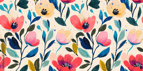 Vibrant seamless floral pattern with modern artistic brush strokes. Ideal for fabric, wallpaper, and surface design.