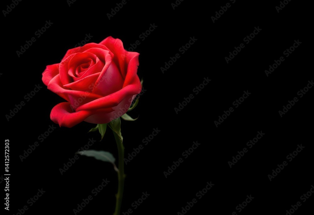 Single red rose, velvety petals, stark black background, single flower, elegance Single red rose, velvety petals, stark black background, single flower, elegance