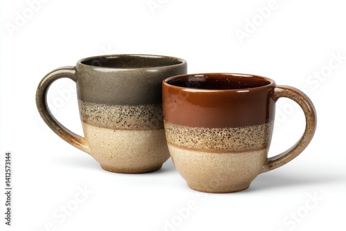 Handcrafted clay mugs with earth-tone glaze showcasing rustic pottery style against a white background