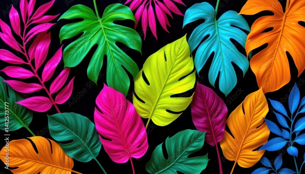 Vibrant Tropical Foliage Create an image showcasing a variety of neon tropical leaves in vivid colors like electric green, hot pink, and bright blue Vibrant Tropical Foliage Create an image showcasing a variety of neon tropical leaves in vivid colors like electric green, hot pink, and bright blue
