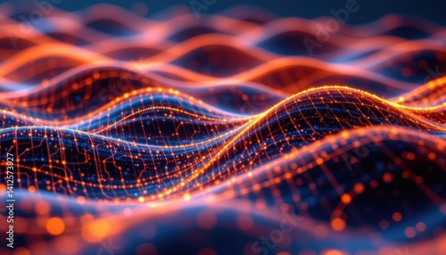 Digital Waves Waves of digital data represented with glowing lines and nodes, evoking a sense of movement.