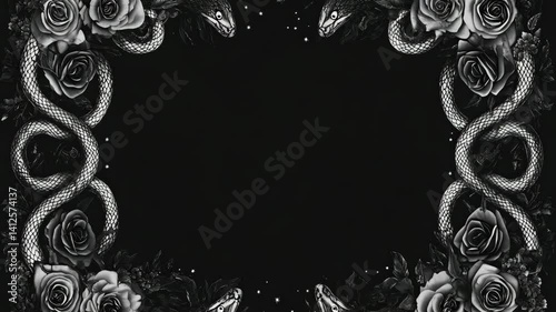 Intricate whimsigothic design with snakes and roses border on black background, featuring detailed mystical gothic aesthetic elements