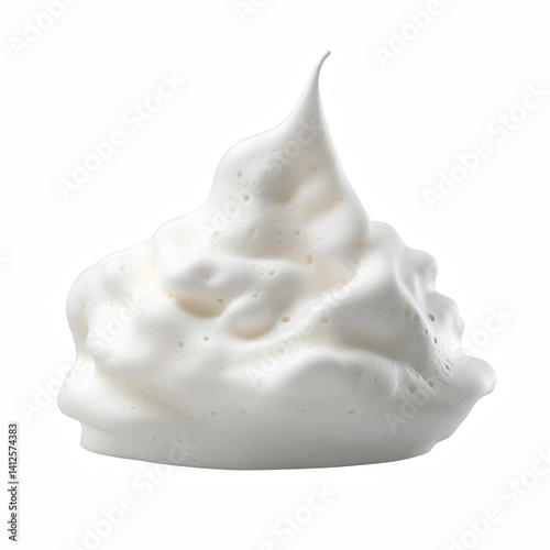 Thick white shaving foam with creamy glossy texture and airy bubbles, shaped into soft peak isolated on transparent background. photo