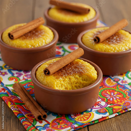 Creamy and sweet Brazilian corn pudding (curau) brûléed and garnished with cinnamon sticks