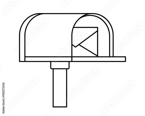 Hand drawn cute outline illustration of mailbox with letter. Flat vector letter box line art doodle. Communication or correspondence icon. Postbox with new message. Delivery service sticker. Isolated.