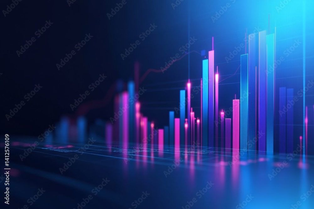 3D chart with stock prices rising dramatically, with a blue gradient background and subtle shadows, leaving space for text at the top and bottom. Stocks financial investment. 3D chart with stock prices rising dramatically, with a blue gradient background and subtle shadows, leaving space for text at the top and bottom. Stocks financial investment.