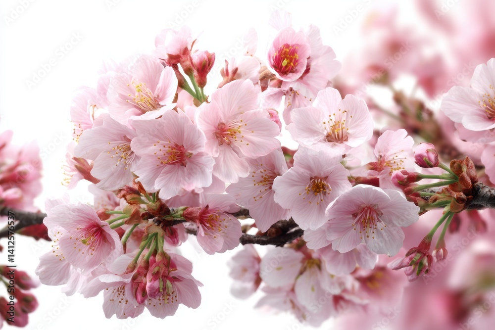 Cherry blossoms bloom vibrantly against a soft white background, showcasing nature’s delicate beauty in springtime