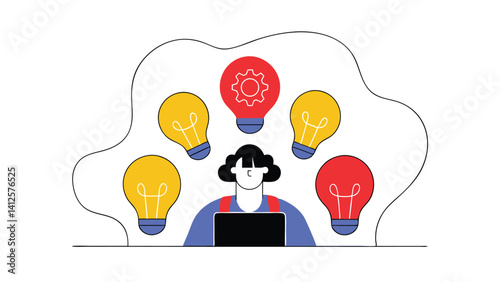 floating idea icons around creative thinker on white background