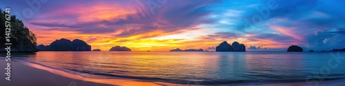 Breathtaking Panoramic Sunset Over Tropical Island Beach in Thailand