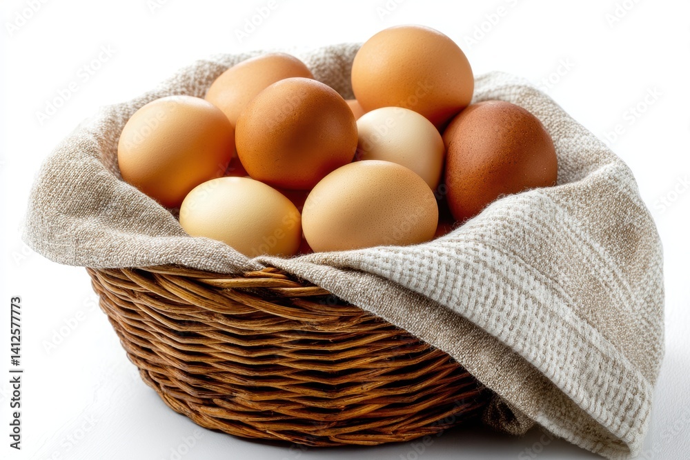 Basket of organic farm eggs resting on a linen towel in a rustic kitchen setting with a bright white background Basket of organic farm eggs resting on a linen towel in a rustic kitchen setting with a bright white background