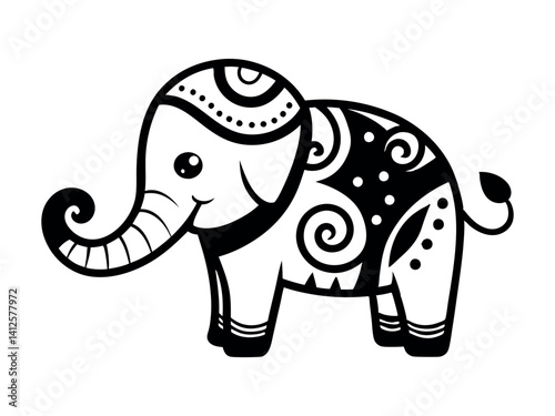 Hand drawn ink zentangle elephant for relax and meditation. Vector pattern black and white illustration can be used for coloring book pages for kids and adults