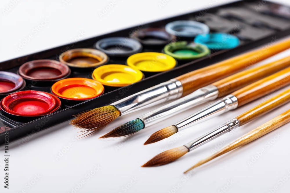Obraz premium Creative watercolor paint palette with brushes on an artistic desk for vibrant art activities
