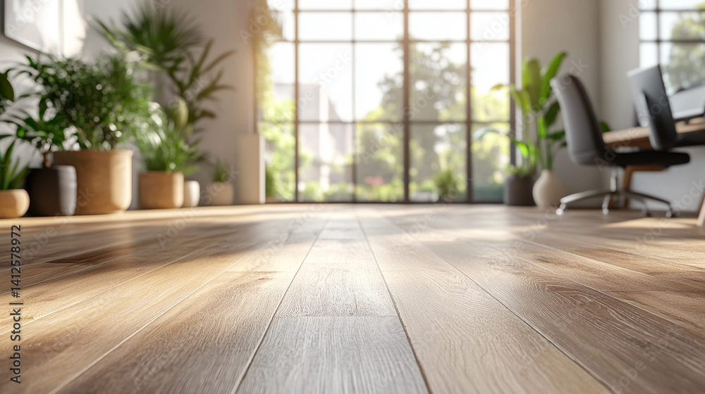 Fototapeta premium Modern office interior with wooden flooring and large windows in a bright setting surrounded by plants