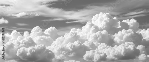 Whimsical grayscale cartoon clouds, soft edges, varied density, weather, abstract