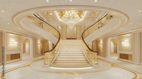 Grand, opulent staircase in a lavish interior.  Ornate details and luxurious design