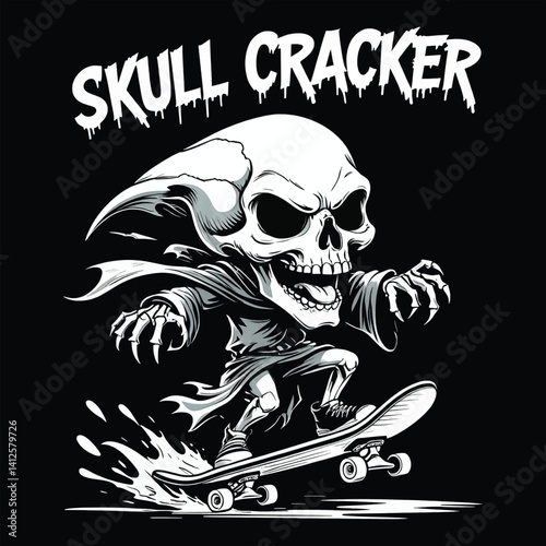 Skull Cracker Skater: Chibi Reaper with Twisted Grin Rides Bold Against a Stark Black Punk Backdrop, Skull Typography T-shirt Vector design, 