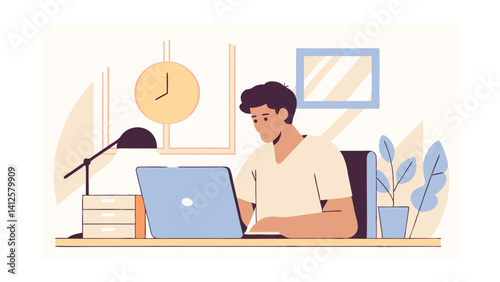 freelancer with laptop working from home on white background