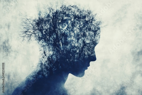 Silhouette of a woman with tree branches forming hair in an artistic and ethereal portrait style image