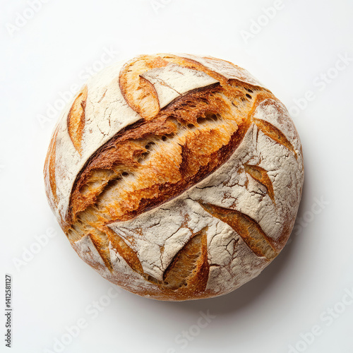 An overhead shot of a loaf of sourdough bread with decorative cuts on a white surface