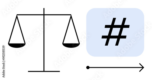 Balance scale next to a metadata tag within a blue square and a directional arrow. Ideal for law, technology, justice, social issues, equality, decision-making, simple landing page