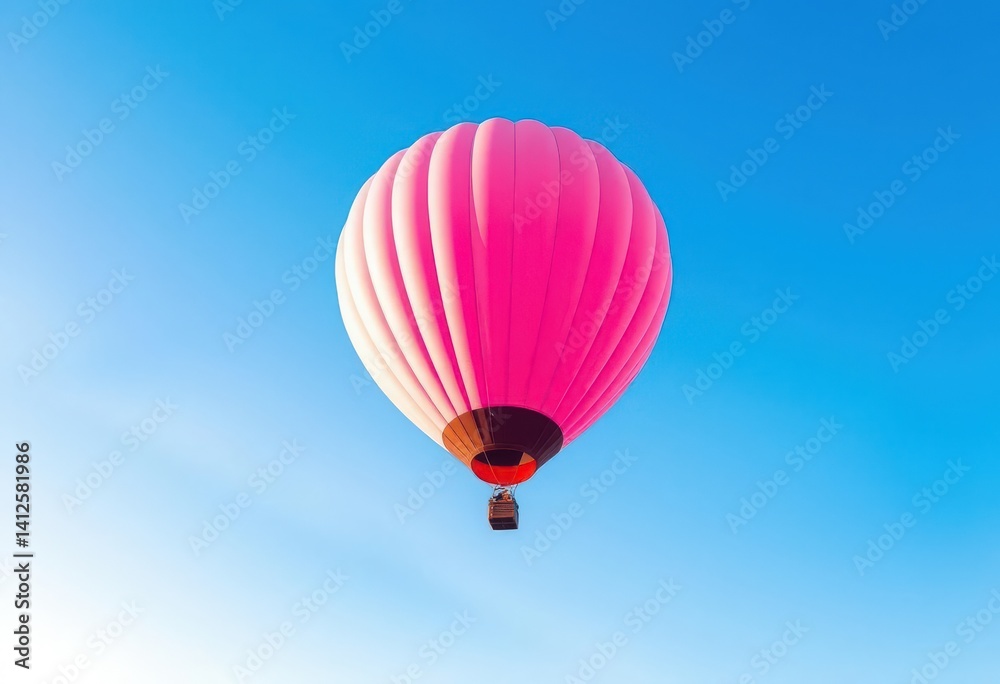 Naklejka premium Pastel pink hot air balloon ascends against a vibrant blue sky, peaceful, image