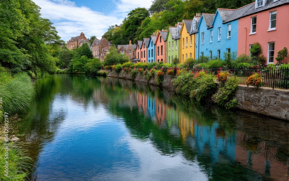 Obraz premium The colorful houses along the River Desay in Edinburgh, Scotland, with trees and greenery on both sides of the river.