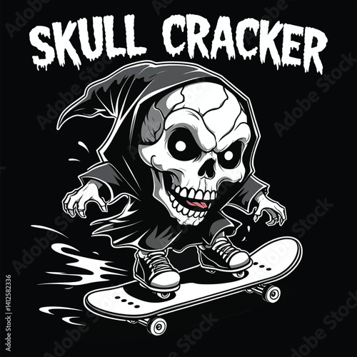 Skull Cracker Skater: Chibi Reaper with Twisted Grin Rides Bold Against a Stark Black Punk Backdrop, Skull Typography T-shirt Vector design, 
