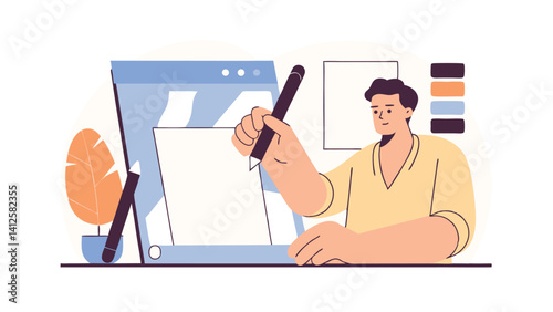 graphic designer with sketchpad on white background