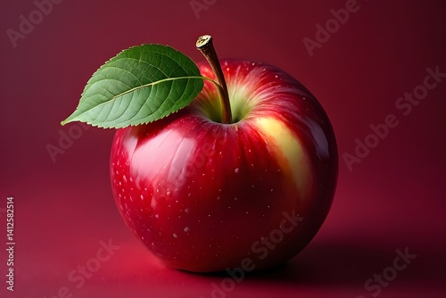 A crisp, vibrant red apple rests with its green leaf in this delectable close-up food photography, ready for consumption.
